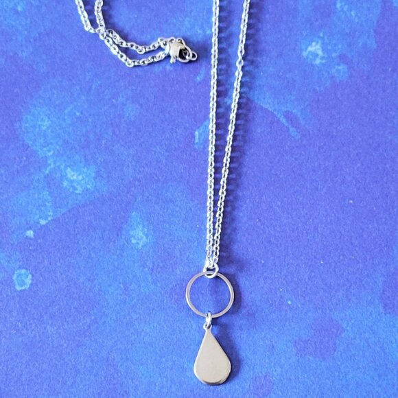 TEARDROP Circle Stainless Steel Charm Chain Necklace 18" Minimalist - Picture 8 of 11